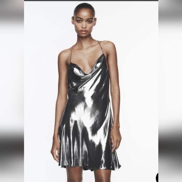 Zara Dresses & Skirts - ZARA Metallic Liquid Silver Cowl Neck Slip Mini Dress –Size XS